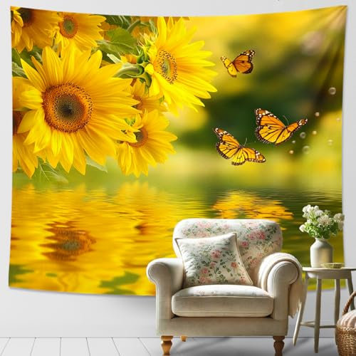 Wandteppich mit Sonnenblumen-Schmetterlingen, gelber Wandteppich, dekorativer Blumenzimmer-Wandbehang, ästhetischer Wandteppich für Wohnzimmer, Schlafzimmer, Schlafsaal, 203 x 152 cm