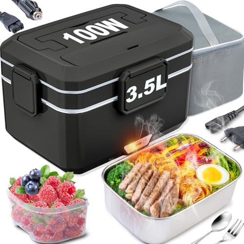 Kimfead Gamelle Chauffante 3.5L 100W Lunch Box Chauffante Boite Chauffante Repas Acier Inoxydable Détachable pour Voiture Camion Bureau 12v/24v/230v avec Sac(3.5L-Noir)