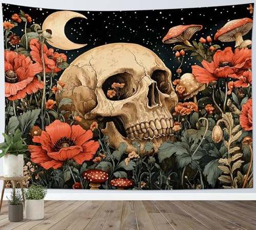 LB Wandteppich Gothic Totenschädel Wandtuch Rote Blumen und Pilze Vintage Pflanzen Wandbehang Schwarz weißer Sternenhimmel Tapisserie für Wohnzimmer Schlafzimmer Wohnheim Wanddeko,200x150cm