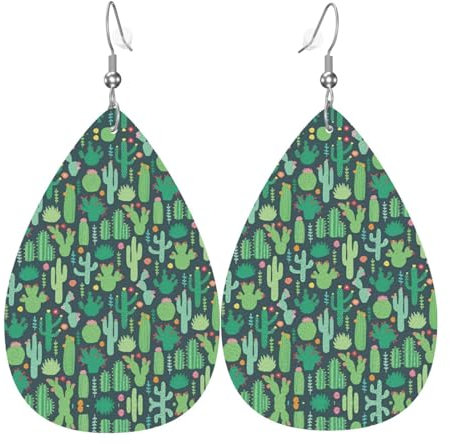 Stilvolle süße Kaktus-Ohrringe mit nahtlosem Illustrationsdruck für Frauen – leichter Lederschmuck in Tropfenform, perfekt für Mode-Partys, Einheitsgröße, Leder