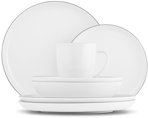 Peill+Putzler Germany Kombiservice 16-teilig aus Porzellan, weiß mit schwarzem Rand - Geschirrset für 4 Personen - modern & elegant - spülmaschinen- & mikrowellengeeignet