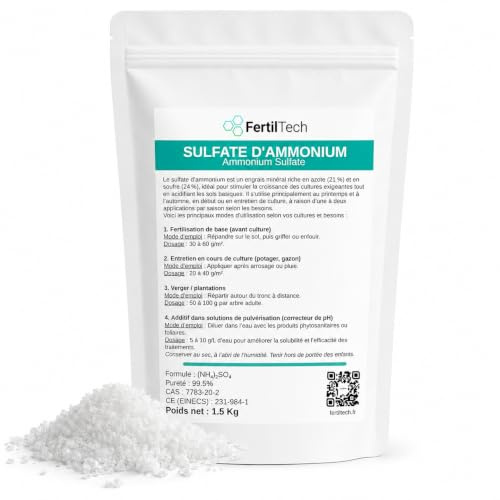 FertilTech Ammoniumsulfat 1.5 kg – Stickstoffdünger 21 % N + 24 % Schwefel für Gemüsebeet, Rasen, Obstbäume, Hecken, alkalische Böden, Garten, Ackerbau, pH-Korrektur