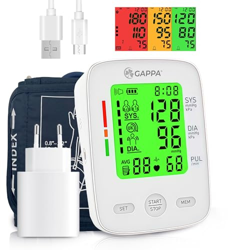 GAPPA FC-BP120 Tensiómetro de brazo automático, adaptador incluido, manguito 22-32 cm, pantalla a color, indicador de hipertensión y detección de latido irregular, memoria 2x99, validado clínicamente