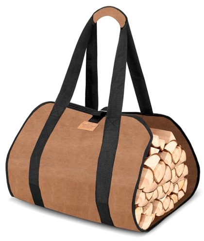 RANSENERS Kaminholztasche mit Handschuhen für Brennholz und Kaminholz, Große Brennholztasche zum Transport von Brennholz von draußen nach drinnen