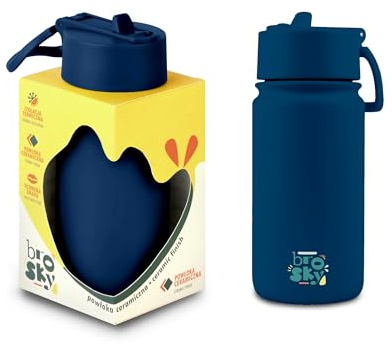 Brosky Triknkflasche Edelstahl 450ml Dunkelblau Trinkflasche, Handlich, Wärmeisolierend, Leicht zu Reinigen, Trinkflasche mit Strohhalm, Sport, Sichere Keramikbeschichtung, Robust, Outdoor und Camping