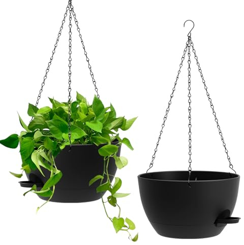Homeuouz 25cm Selbstbewässernde Hängende Blumenampel 2er-Set – Blumentopf Hängend Innen & Außen, Hängeblumentöpfe mit Drainage für Balkon, Wohnzimmer, Küche,Schwarz