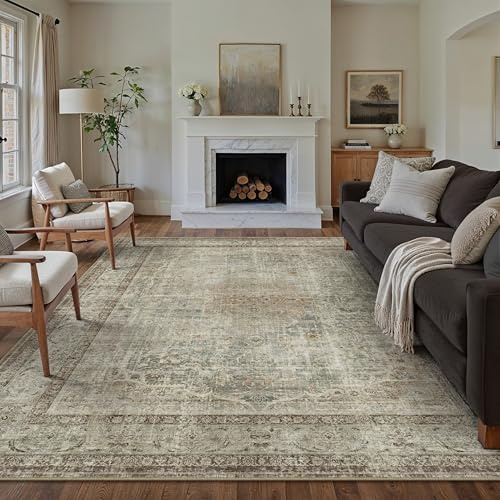 PureCozy Teppich Wohnzimmer 200x300cm Waschbarer Vintage Grün Braun Tepich | Weich Kurzflor Groß Carpet, Rutschfest, Leicht, Schlafzimmer, Esszimmer, Büro, Kinderzimmer