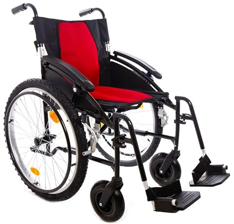 Lightweight All-Terrain Manual Wheelchair, Self-Propelled Aluminium Frame with Quick Release Wheels, 20-Inch Seat, Foldable Design, Black with Blue/Red Cushion (Red, 18 Seat Width)