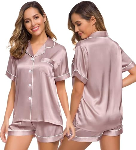 SWOMOG Pyjamas for Women Silk Satin Pyjama Bride Pjs Set Two Piece Pj Sets Button Down Sleepwear Loungewear Pastel Pink