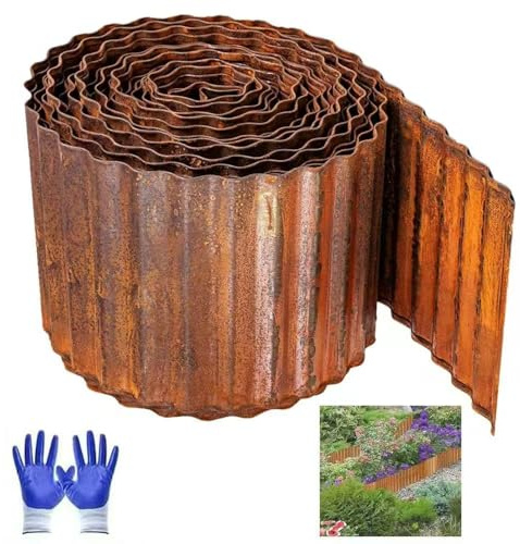 12M Rasenkante aus Cortenstahl, Beeteinfassung aus Metall 15 cm Hoch, Einfache Montage - Robustes Stay-in-Place Design, Rasenkante aus Metall, für GartenBeet, Rasen und Wege inkl. Handschuhe