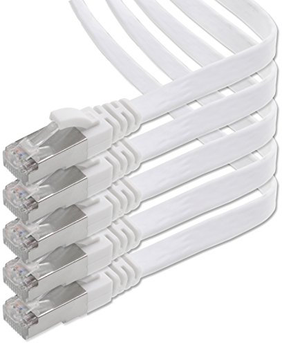1aTTack.de 1m - weiß - 5 Stück CAT.7 Gigabit Ethernet LAN Flachband Flachbandkabel (RJ45) Netzwerkkabel Rohkabel (10Gbit/s) Verlegekabel Flach Slim kompatibel zu Cat.5 - Cat.5e - Cat.6