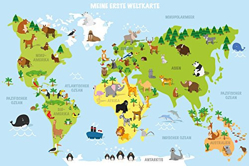 KINDERWELTKARTE DIN A2 Querformat, Illustrierte Weltkarte für Kinder, deutsche Beschriftung, Kinder-Poster, Geschenk, Dekoration fürs Kinderzimmer (DIN A2)