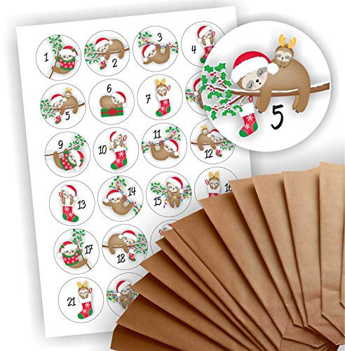 Adventskalender zum Befüllen 24 braune Geschenktüten Kraftpapiertüten + 24 weihnachtliche Aufkleber Papiertüte DIY Faultier