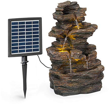 Blumfeldt Messina - Fuente Solar de Cascada, Panel Solar, 9V/2,8W, Interior/Exterior, 4 Niveles, Batería de Iones de Litio, Autonomía 5h, Iliminación LED, Resina de poliéster, Marrón Oscuro
