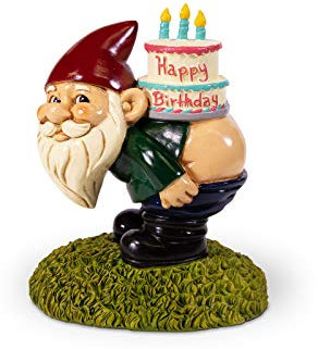 Kwirkworks 8' Happy Birthday Cake Garden Gnome Funny Lawn Ornament for Celebrations Durable Resin Yard Decor Unique Gift for Parties & Outdoor Decorations