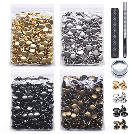 400 Sets Ledernieten, Doppelkappen-Nieten, röhrenförmig, 4 Farben, Metallnieten mit Befestigungswerkzeugen für DIY-Lederhandwerk, Kleidung, Schuhe, Taschen, Gürtel, Dekoration (9 x 10 mm)