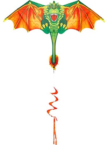 HQ Design - Flying Creatures, Kinderdrachen Flugdrachen Einleiner Drachen zum steigen Lassen, wenig Wind ab 5 Jahren, Polyesterschnur auf Spule oder Griff (Blaze The Dragon)