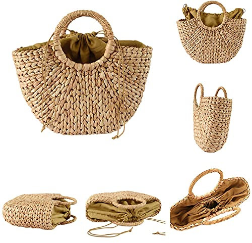 Cabas De Plage Paille,Sac à Main Éte Loisirs Vacances Rond Sac De Plage Panier En Rotin Tissé Sac à Bandoulière D'été Fourre-Tout Sac D'épaule Pour Voyage Vacances Achats Et Prendre Des Photos