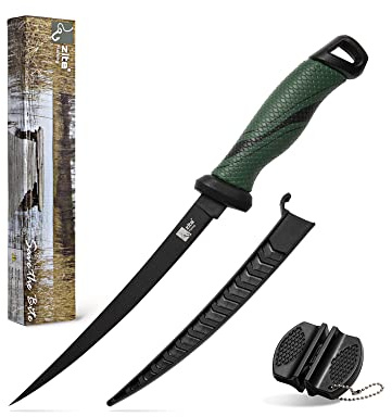 Zite Fishing Set de couteaux à filets avec aiguiseur de couteaux - Lame tranchante et revêtue résistante à la corrosion - Couteau à poisson avec manche antidérapant - Longueur de lame 20 cm
