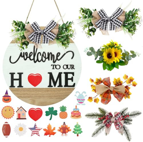 Austauschbares Willkommensschild für Haustür mit 4 saisonalen Kränzen und 14 austauschbaren Symbolen, Bauernhaus-Veranda-Dekor, saisonale rustikale Holzwandschild, Heimdekoration (7 Holz)