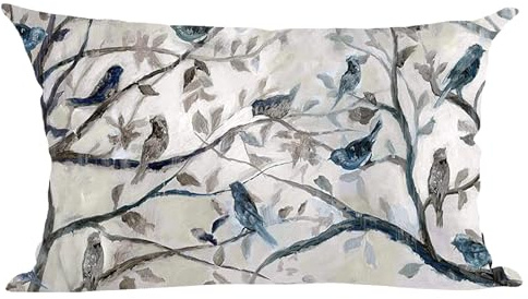 Ramirar Ink Painting Watercolor Blue Grey Lovely Birds Trees Leaves Decorative Lumbar Throw Pillow Cover Case Home Living Room Bed Sofa Car Cotton Linen Rectangular 12 x 20 Inches