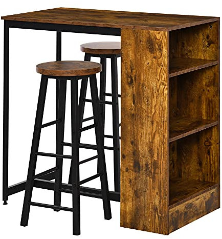 HOMCOM Set 3 Pezzi Tavolo Alto con 2 Sgabelli in Stile Industriale con Mensole Laterali, Tavolo da Bar in Legno, Nero e Marrone Rustico