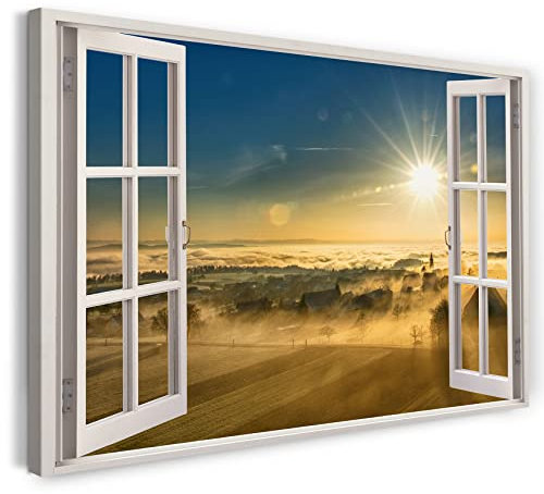 Bilder Fensterblick 120x80cm Baumwoll-Leinwand auf Keilrahmen mit Aufhänger moderner Kunstdruck XXL Wandbilder Wand-Dekoration Über den Wolken Sonne Himmel Fliegen Natur - Natur-Fotografie
