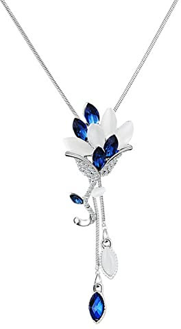 JUNYY Élégant Rose Fleur Pendentif Gland Longue Chaîne De Chandail Réglable Tour De Cou Déclaration Collier Pour Les Femmes (Bleu + Blanc)