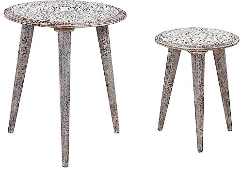 Beliani Beistelltischen Set aus Mangoholz mit geschnitztem Blumenmuster und Vintage-Effekt Barju