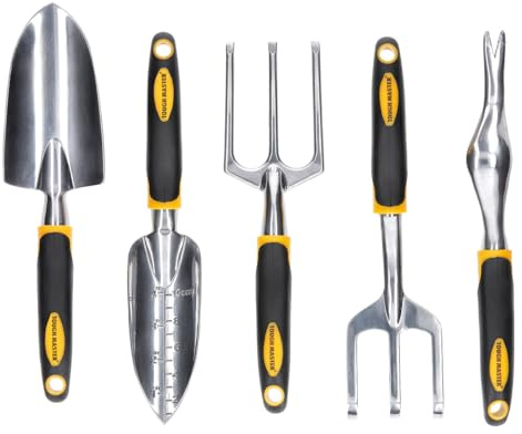 Garden Tools Set 5 Piece Hand Tool Gift Kit For Planting Digging Weeding Hand Trowel, Transplanter, Weeder, Hand Cultivator, Fork, Gardening Gifts for Women & Men TOUGH MASTER