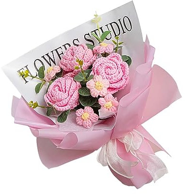 Easnea Häkelblumenstrauß, abgeschlossener handgefertigter gestrickter Blumenstrauß, Abschlussblumenstrauß Garn Blume häkeln Rose Gänseblümchen Blumen für Muttertag Valentinstag Geburtstag (Rosa)