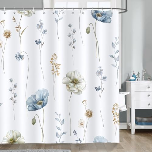 Bonhause Cortina de Ducha Acuarela Flores Plantas Azul Beige Moderno Minimalista Cortina de Baño de Poliéster Impermeable Antimoho Lavable Cortina Ducha 180 x 180 cm con 12 Ganchos