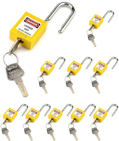 Qwork Lockout-Tagout-Schlösser, Sicherheitsvorhängeschloss, 10 gelbe Vorhängeschlösser mit 20 Schlüsseln, verschiedenschließend, für Lockout-Tagout-Stationen und -Vorrichtungen