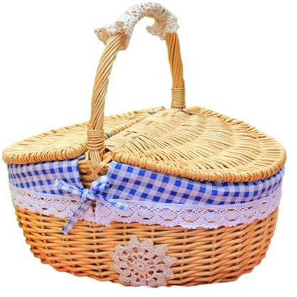 JISADER Weiden-Picknickkorb, Rattan-Aufbewahrungs-Servierkorb mit Deckel und Griff, dekorativer geflochtener Weidenkorb für Hochzeit, Camping, Blau, klein