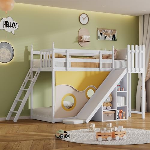FEZTOY Kinderbett Etagenbett, Holzbett mit Treppe und Zäune, mit Bettvorhang, Rutsche und Regal, Hochbett Stockbett mit Fallschutz und Gitter, weiß (90x200cm)