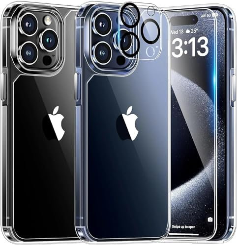 SHATCHI 5 In 1 for iPhone 15 Pro Max Clear Case Cover, 2Pcs Privacy Screen Protector, 2Pcs HD Camera Lens Protector [Not-Yellowing & Military Drop Defence] Shockproof Phone Case 6.7 inch