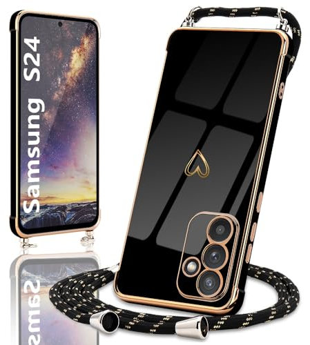 Micoden Coque pour Samsung Galaxy S24 5G Silicone avec Collier avec Motif Coeur d'amour Mignon Etui Housse avec Cordon Tour de Cou Lanière en Corde pour Samsung Galaxy S24 5G(Noir)