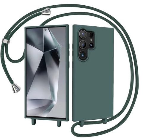 AOMYKE Coque pour Samsung Galaxy S24 Ultra avec Cordon, Collier Étui Silicone Liquide avec Tour de Cou Lanière en Corde Souple TPU Antichoc Housse - Vert foncé