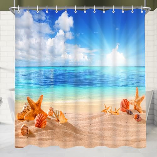Lerores Duschvorhang 100x200cm Sea Blue, Beschwerter Saum Antischimmel Textil, Wasserabweisend, Waschbar Polyester Badevorhänge mit Ösen und 6 Duschvorhangringe für Badezimmer, Badewanne