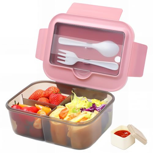 Bugucat Brotdose Kinder mit Fächern 1400ML, Auslaufsicher Lunchbox Kinder Bento Box Erwachsene mit Besteck,Frühstücksbox Snack Box mit Soßenbox,Brotdosen Vesperdose für Mädchen & Jungen Rosa