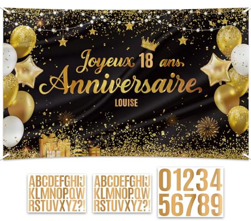 Banderole Joyeux Anniversaire Bannière Happy Birthday 1.1x1.86m Noir Or et Autocollant Sticker Lettre Alphabet Chiffre Personnalisée Adhésif Drapeau Anniversaire Décoration DIY pour Fête Anniversaire