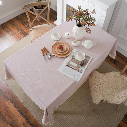 Beydodo Nappe Grande Table 150x300cm, Nappe Polyester Anti Tache Gaufre Rose avec Pompons Decoration Anniversaire Nappe