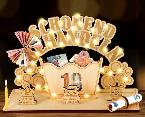 Giftota Witzige 18. Geburtstag Geldgeschenke Holz mit LED Lichterkette - Schonend Behandeln 18 - Geschenk 18 Geburtstag Mädchen Junge, 18 Geburtstag Deko