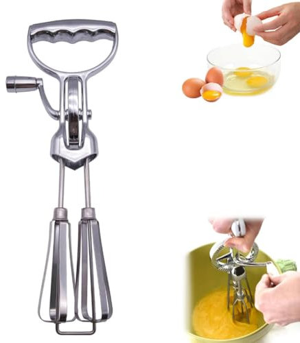 Batidora de Huevos de Manivela, Varilla Batir Huevos, Batidor de Mano Giratorio de Acero Inoxidable Mezclador de Huevos Manual con Mezclador de Doble Cabeza Permite ahorrar Trabajo para Cocina en Casa