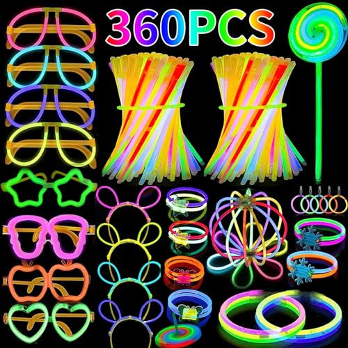 Kinyoda Braccialetti Luminosi Fluorescenti,360 pcs Bracciali luminosi Bambini con Connettori, Bastoncini Luminosi Glow Stickbracciali luminosi fluorescenti per Matrimonio Compleanni,Capodanno,Feste