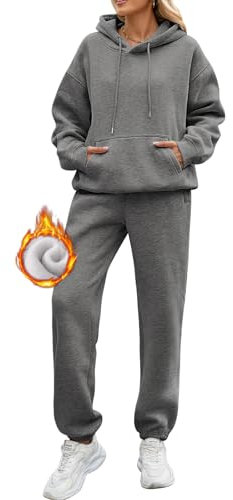 CMTOP Tuta Donna Sportiva Completo 2 Pezzi Invernale Termici Tute da Ginnastica in Pile Cotone Felpa con Cappuccio e Pantaloni Jogger Casual Completi Palestra Per La Casa Fitness(Grigio scuro, M)