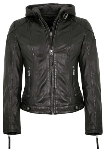 Mauritius - Damen Echtleder Lederjacke Bikerjacke Lammnappa Kapuze schwarz
