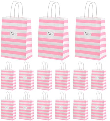 15 Pezzi Sacchetti di Carta, Sacchetti Carta Regalo in Confezione, Sacchettini Compleanno 15x8x21cm, Shopper Carta per Confezionare Regali Matrimoni Festa Natale (Rosa)