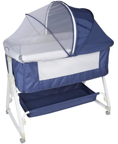 HUOLE Babybett, 6-stufig Höhenverstellbar,Wiege mit Matratze und Moskitonetz, Mobile Babywiege für Neugeborene/Kleinkinder, mit Aufbewahrungskorb-92 * 52 * 106-118cm –Marineblau