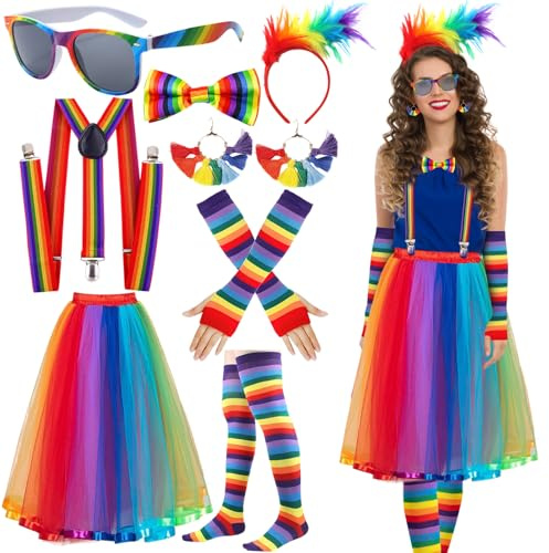 Regenbogen Kostüm Damen Karneval Bunter Tüllrock Lang Feder Haarreif Handschuhe Ohrringe Socken Regenbogen Rock Kleid Damen 50er Jahre Rockabilly Kostüm Frauen Fasching Tüllrock Bunt Frauen Lang